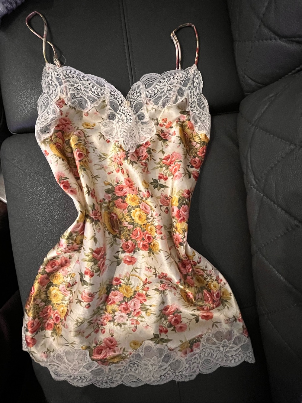Floral Lace Trim Satin Chemise - White with Pink & Yellow Roses